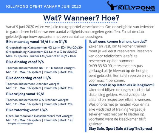 Tafeltennis trainingen en tornooien mogen beginnen