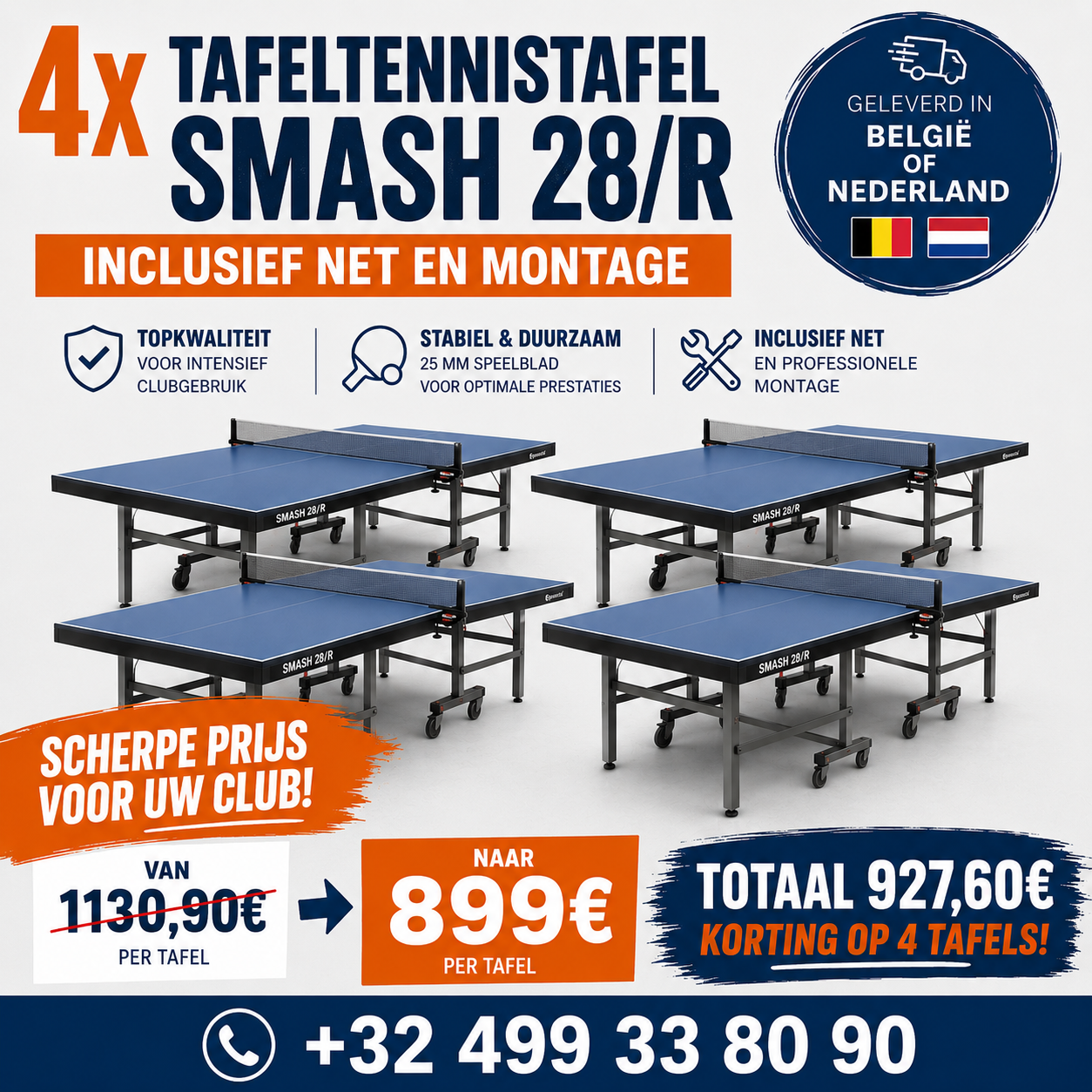 4x Tibhar Smash 28/R Blauw + NET + MONTAGE + GRATIS LEVERING